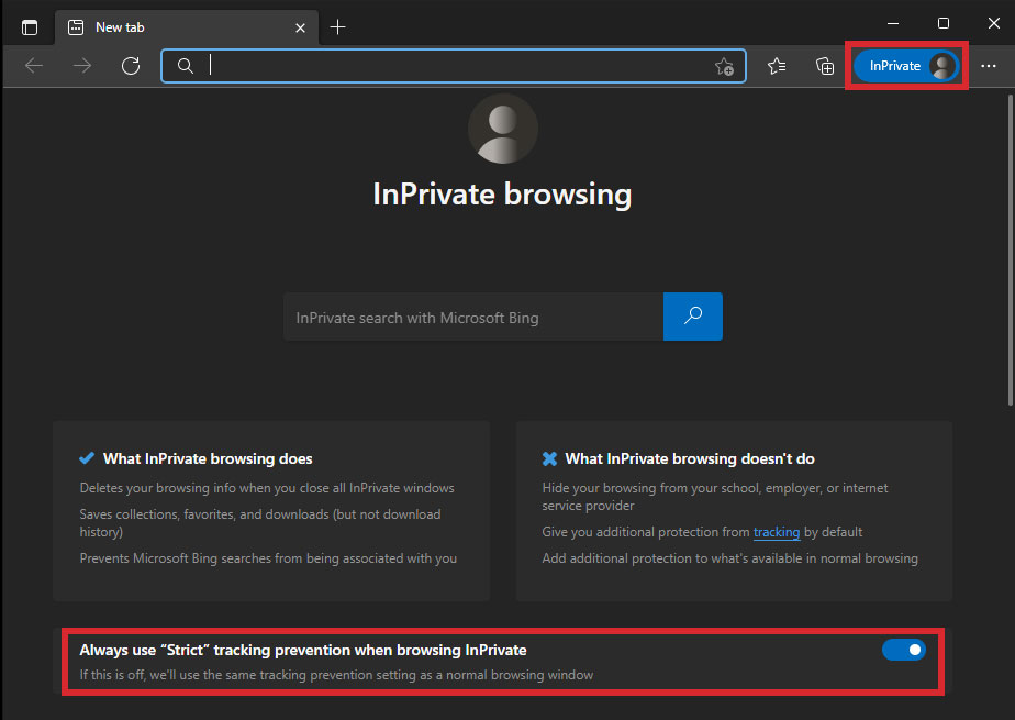 How an InPrivate browsing window looks in Edge showing the Always use "Strict" tracking prevention option