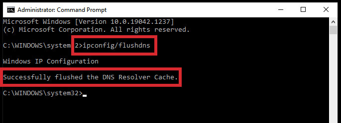 Command prompt showing delete DNS cache command on Windows