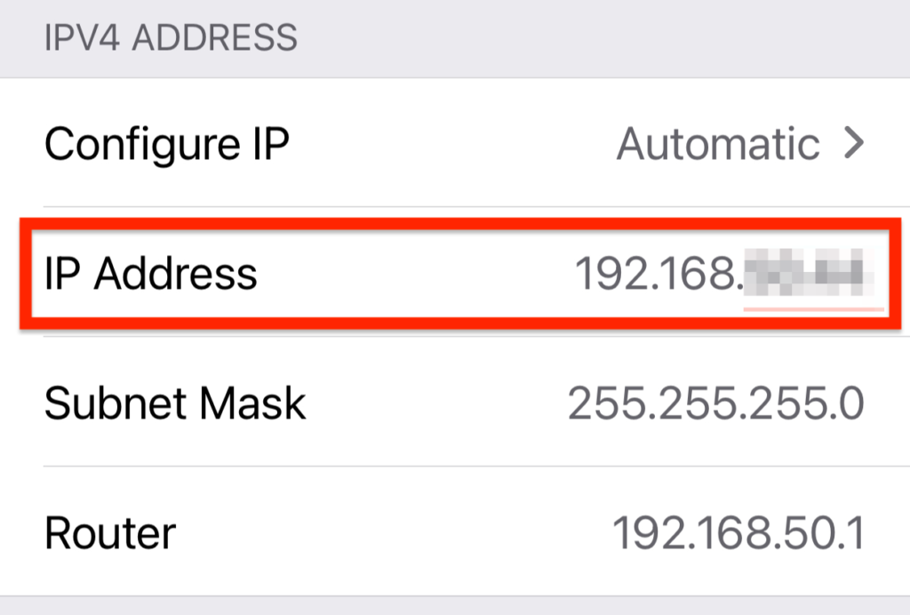 iOS Wi-Fi settings showing your iPhone's IPv4 address