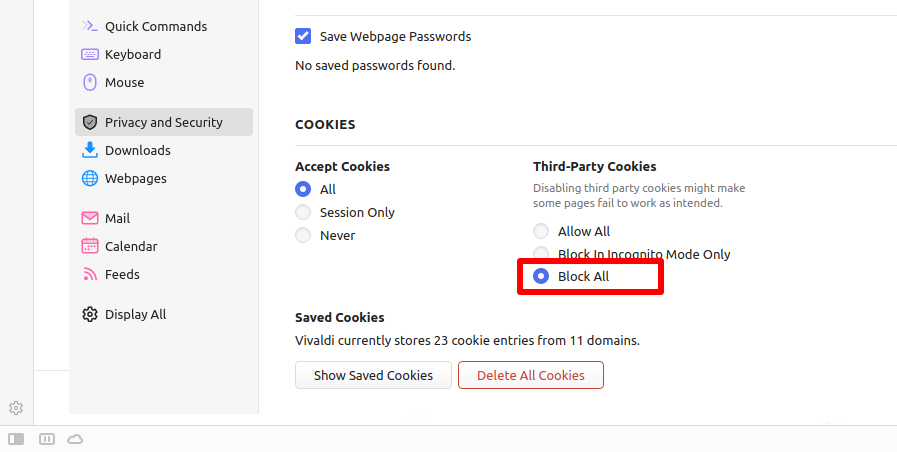 Block third-party cookies on Vivaldi for Windows, macOS, and Linux
