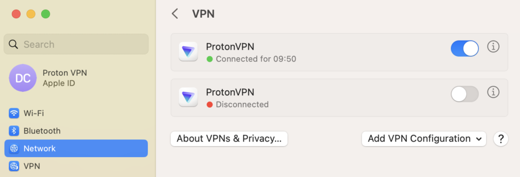  Verify that a new Proton VPN network service is created 