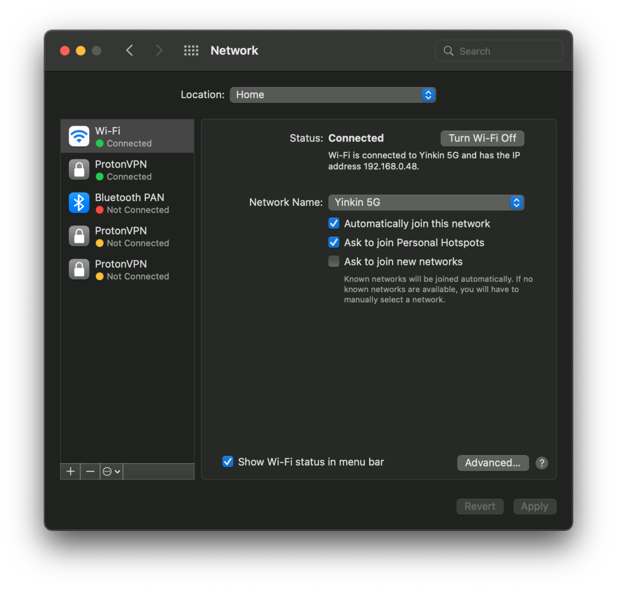 New network connections in macOS settings