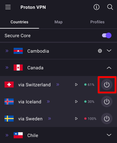 Select a Secure Core location on mobile
