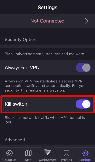Enable the kill switch on iOS