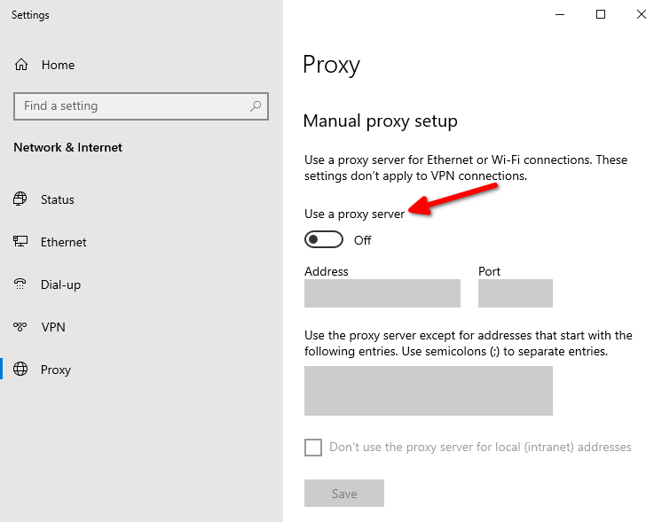 Disable proxy in Windows