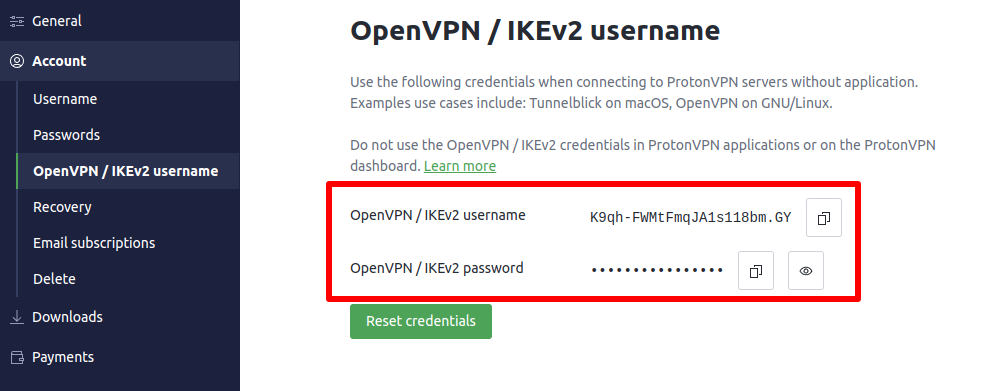 IKEv2 and OpenVPN login details