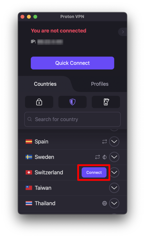 Connect to a specific country