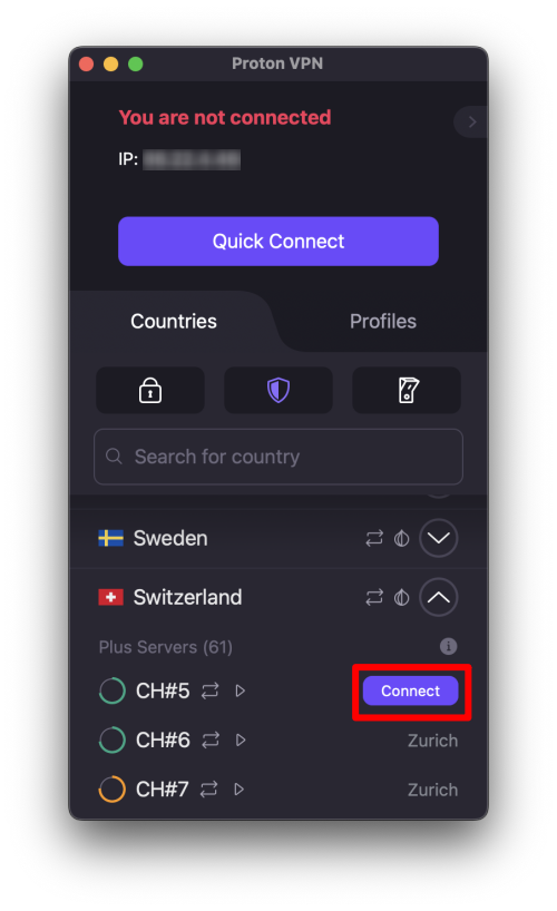 Connect to a specific server in a country