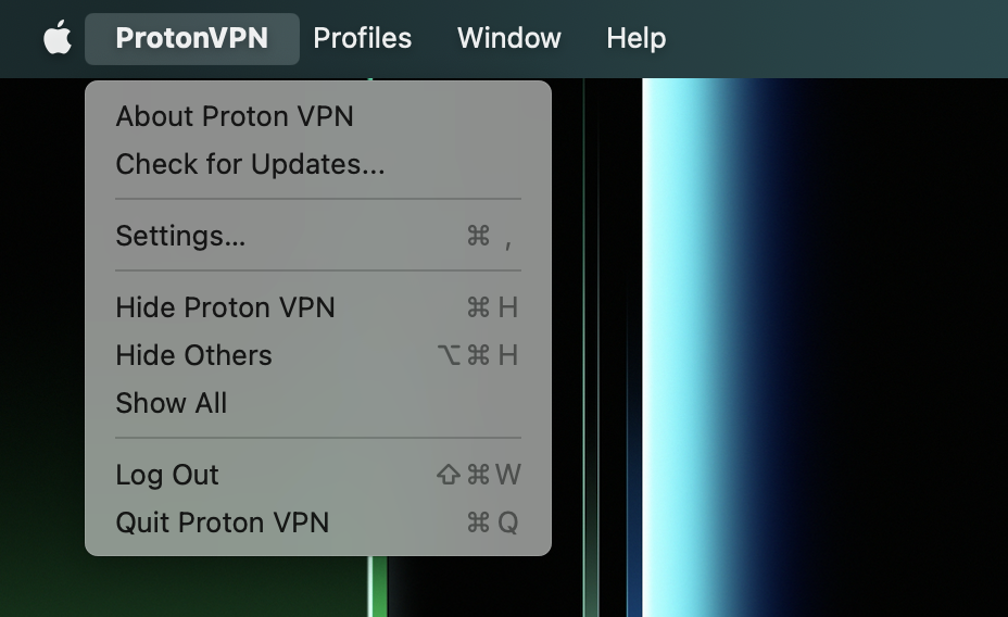 The Proton VPN app menu