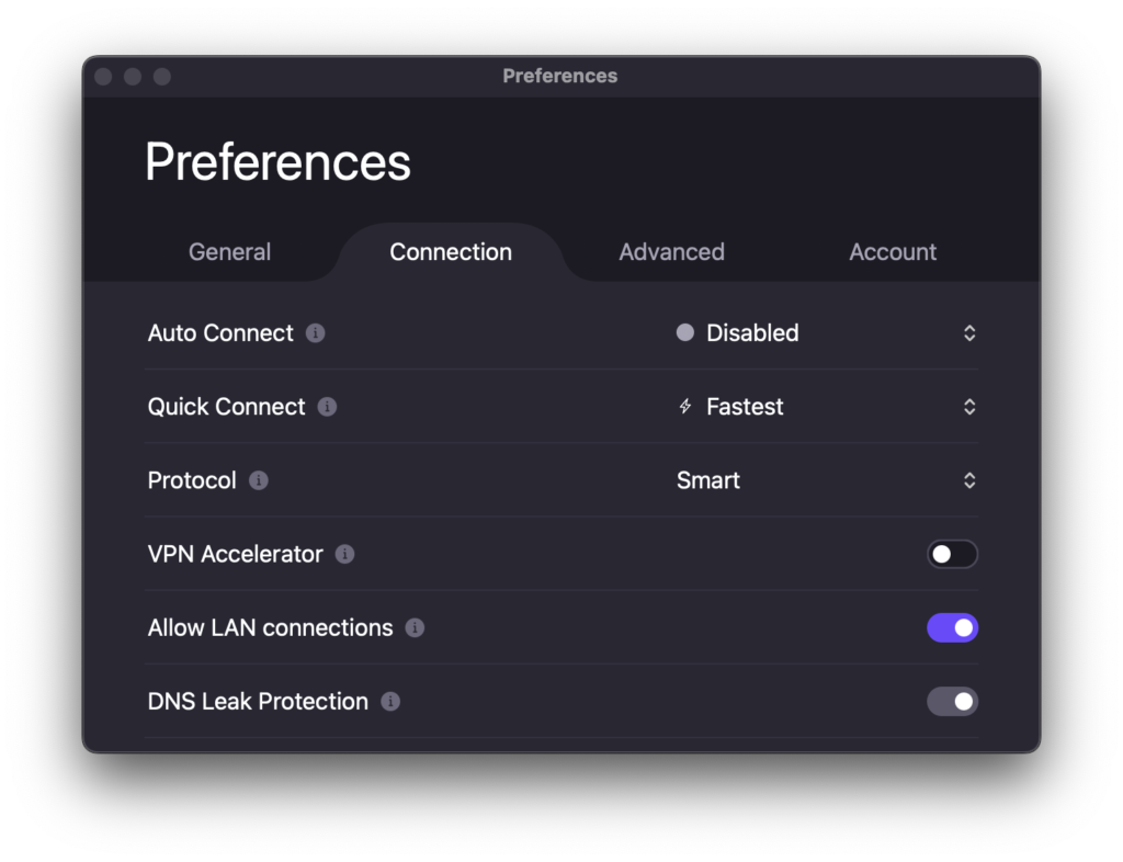 The Preferences -> Connection tab