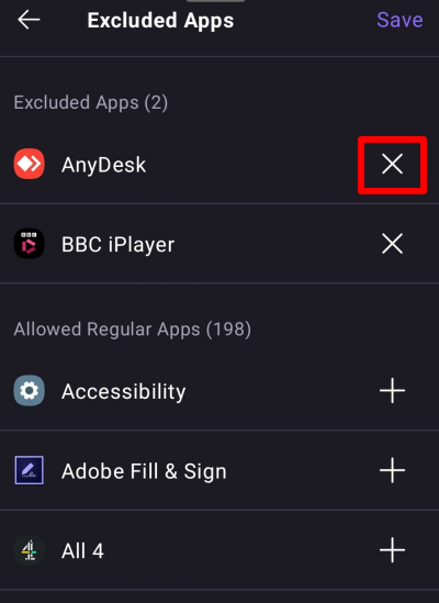 Remove an app from the exclude list