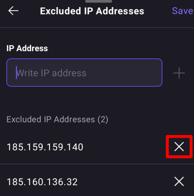 Remove an IP address from the exclude list