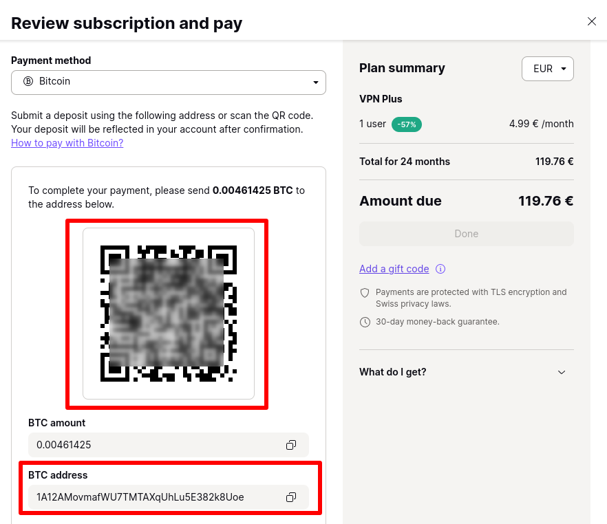Pay the Amount due to the BTC address shown