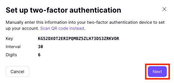 Key to enter in your authenticator app if you want to set up two-factor authentication manually