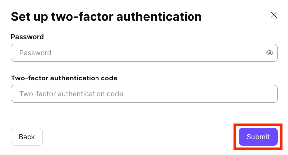 Boxes to enter your account password and two-factor authentication code