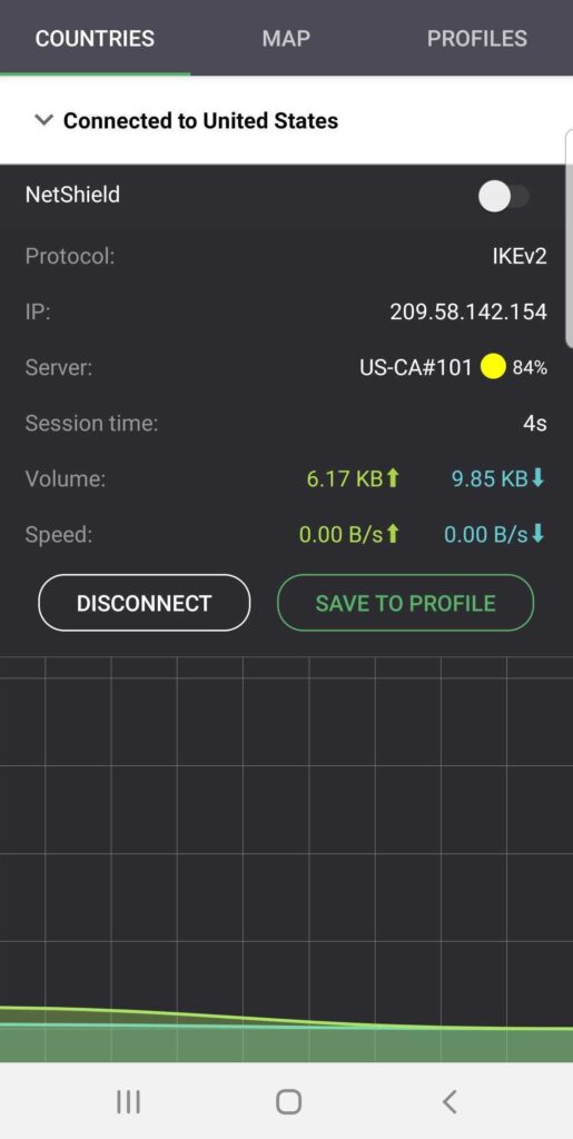 A screenshot of the VPN connection screen in the Android app.