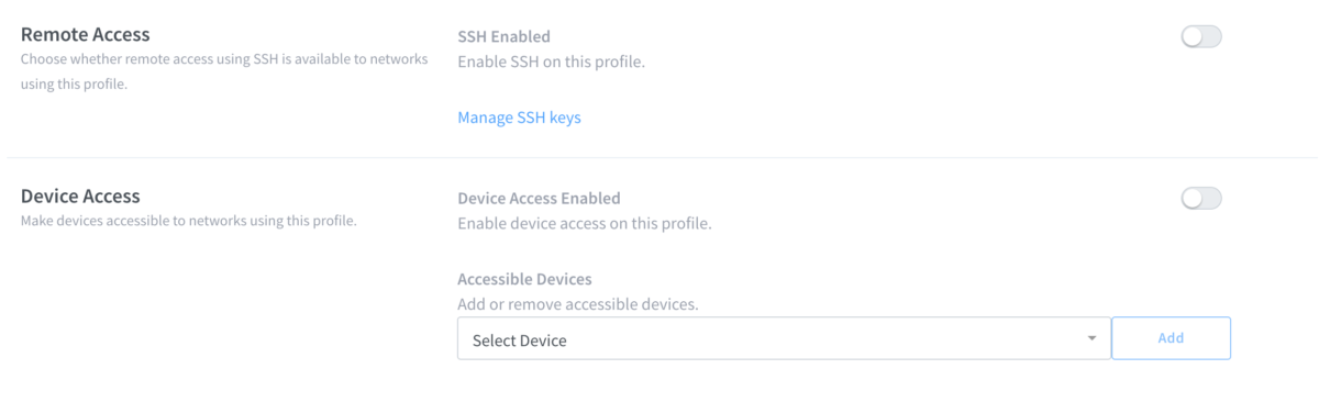 Screenshot of the Remote and Device access menus in Invizbox 2