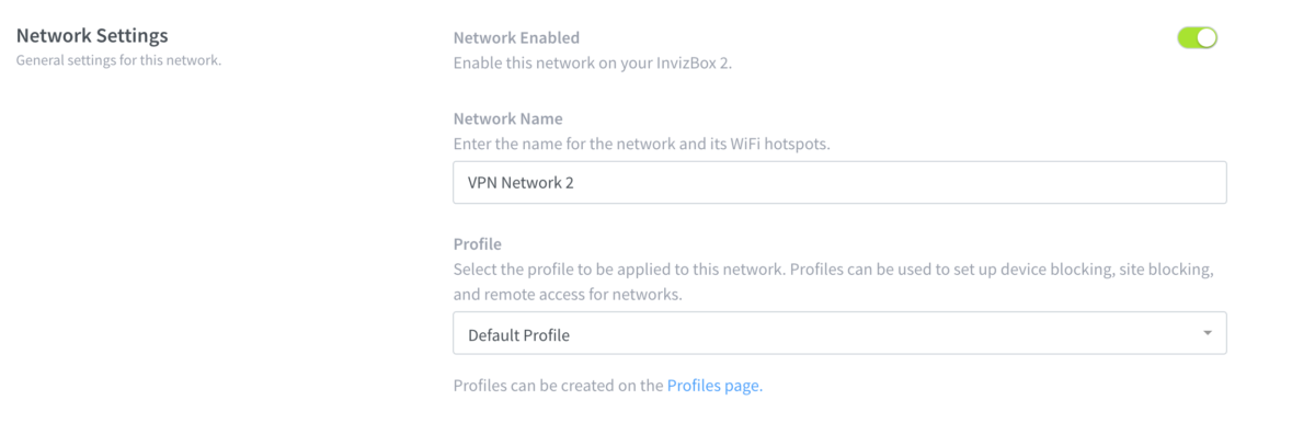 Screenshot of Network Settings menu in Invizbox 2