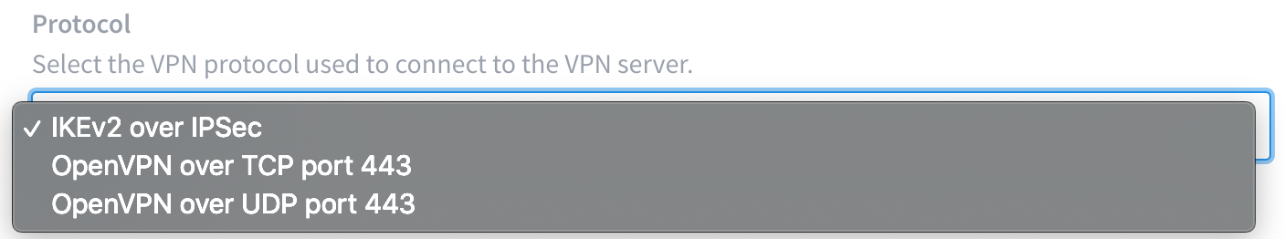 Screenshot of VPN protocol menu in Invizbox 2
