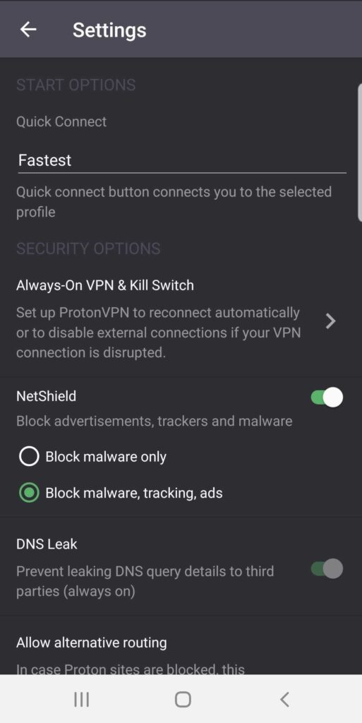 A screenshot of the NetShield options in the Settings menu on the Android app.