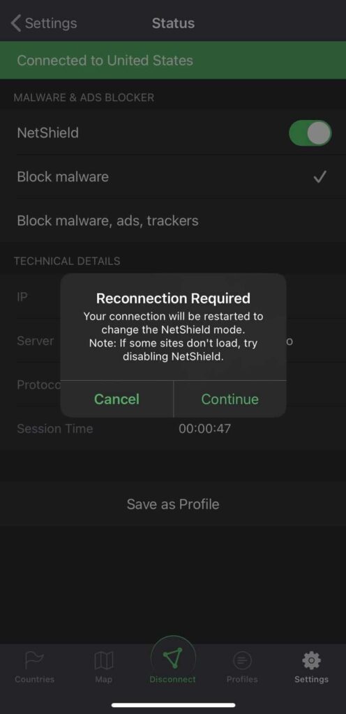 A screenshot of the iOS app asking to reconnect after you adjust the NetShield. settings.