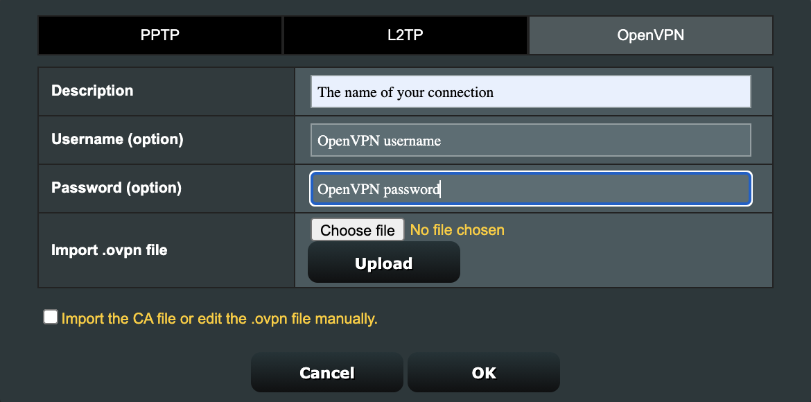 Upload your OpenVPN config file