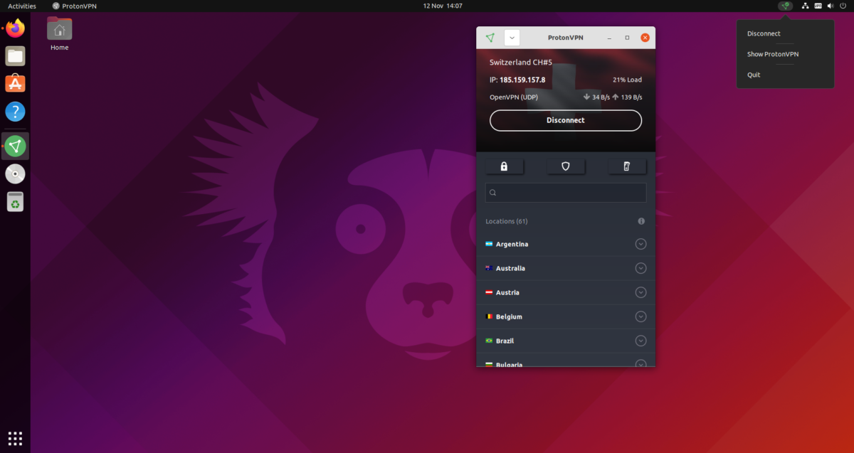 Proton VPN running on Ubuntu GNOME
