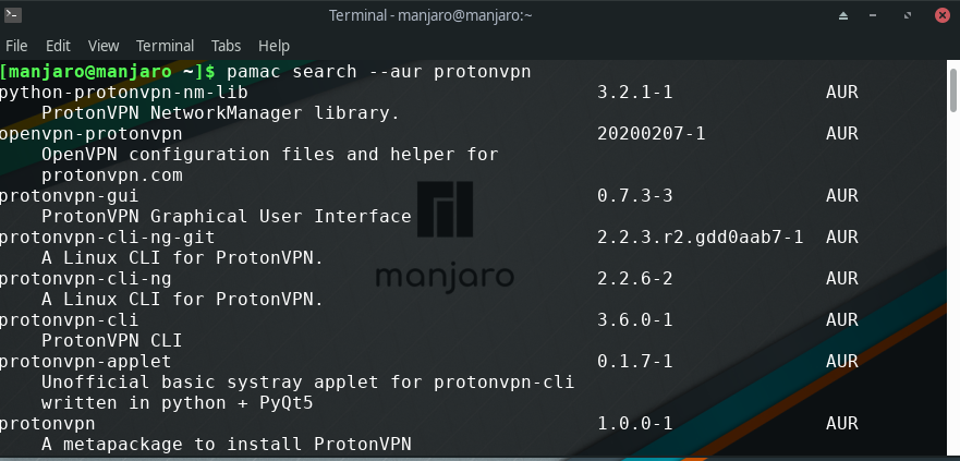 Image of pamac search --aur protonvpn returning Proton VPN packages