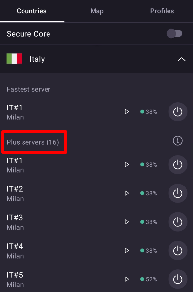 Italy Plus servers Proton VPN on mobile
