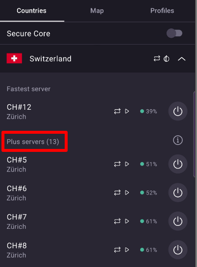 Swiss Plus servers Proton VPN on mobile