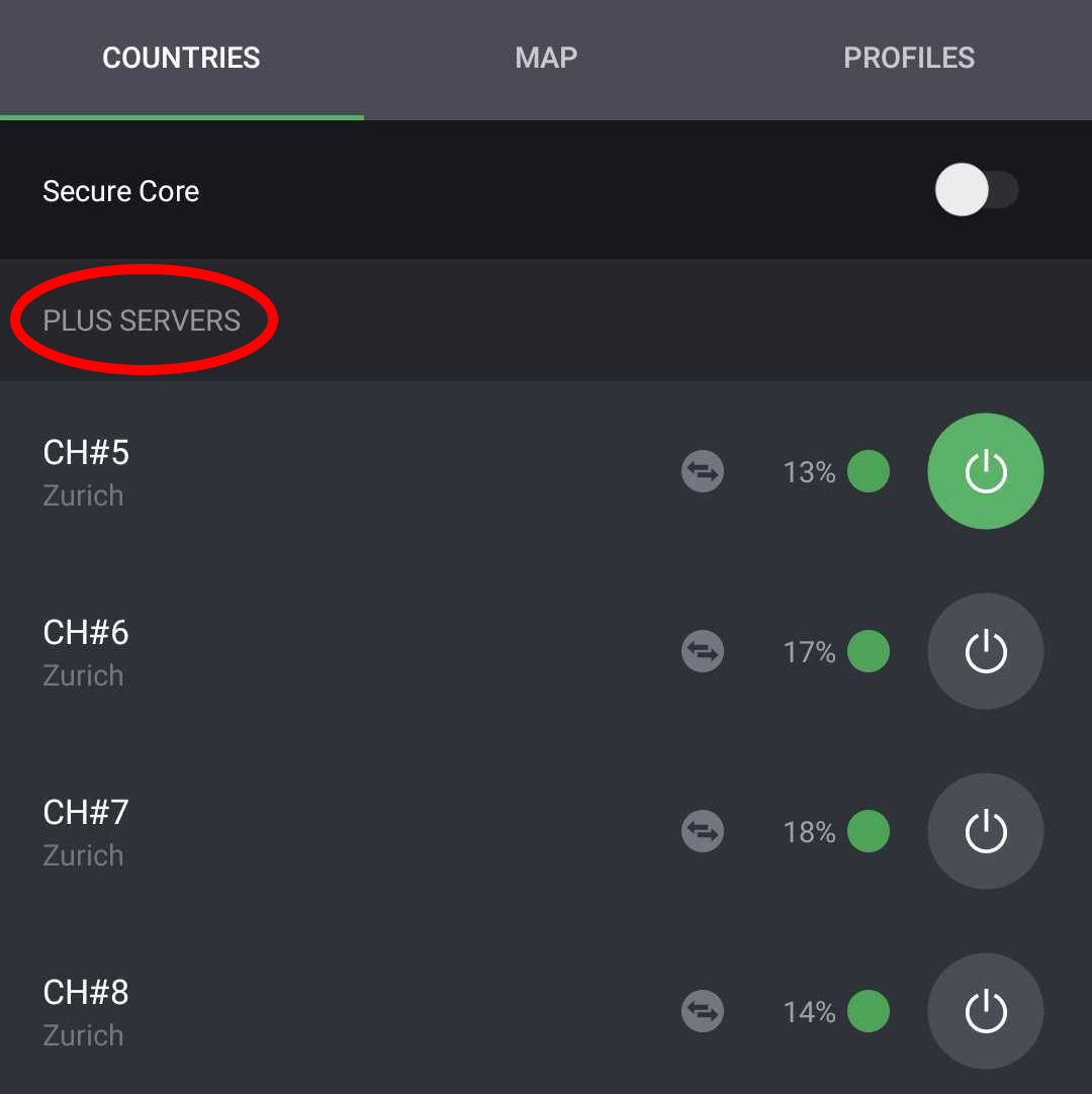 Swiss Plus servers on Proton VPN for Android