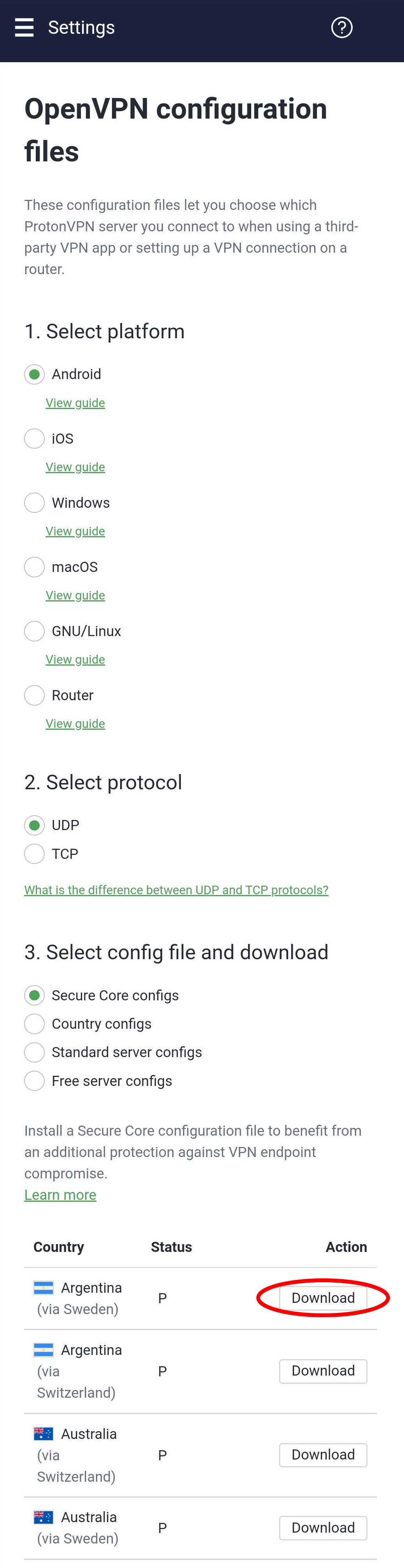 download configurations protonvpn android