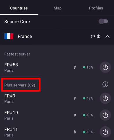 French Plus servers Proton VPN on mobile