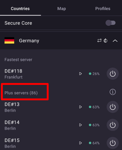 German Plus servers Proton VPN on mobile