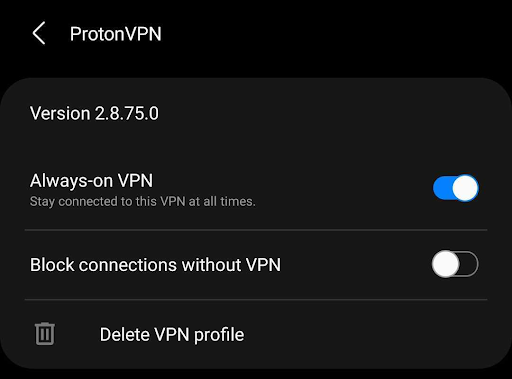 Proton VPN settings in Android
