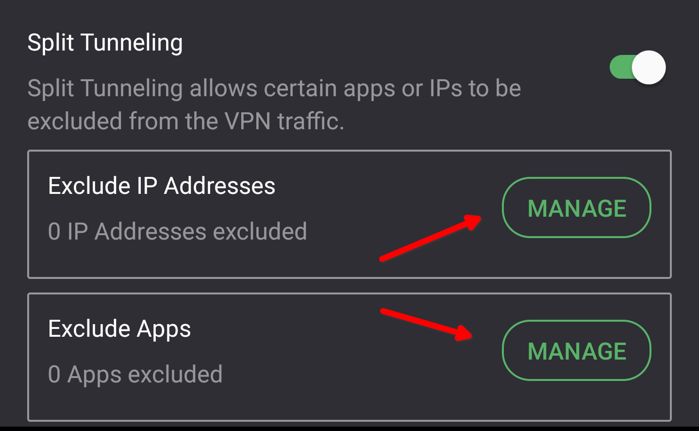 Manage IP/app exclusions