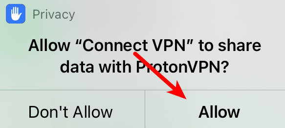 Allow the shortcut to share data with ProtonVPN