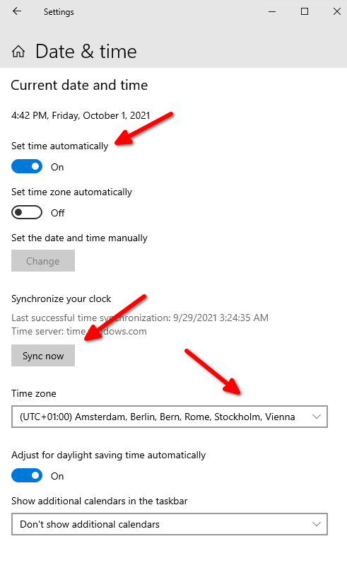Sync system clock in Windows 10