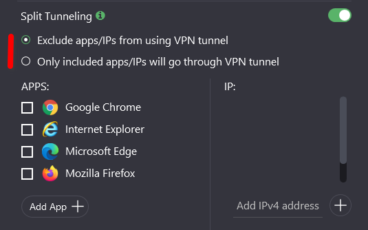 Chose whether to Exclude or Include apps/IPs