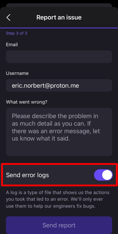 Report issue details and send error logs