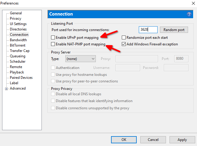 Disable UPnP and NAT_PMP in uTorrent