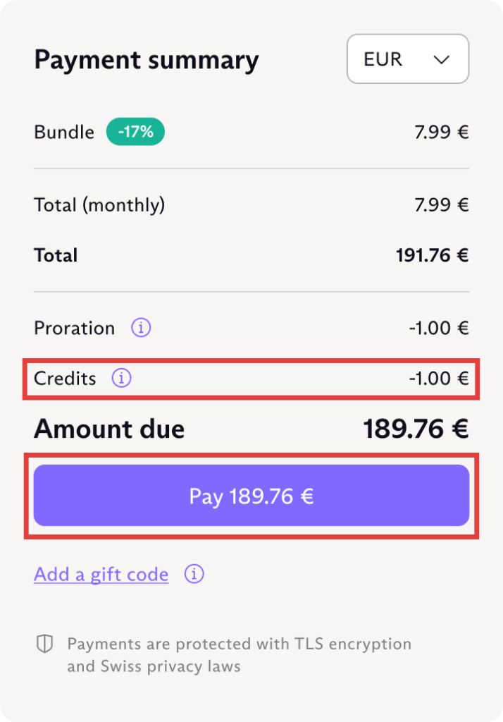 Payment summary showing credits applied to your order