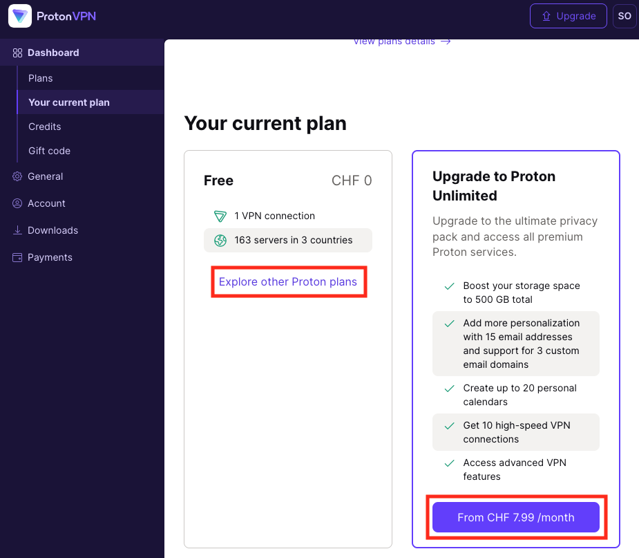 Proton VPN Dashboard plan options