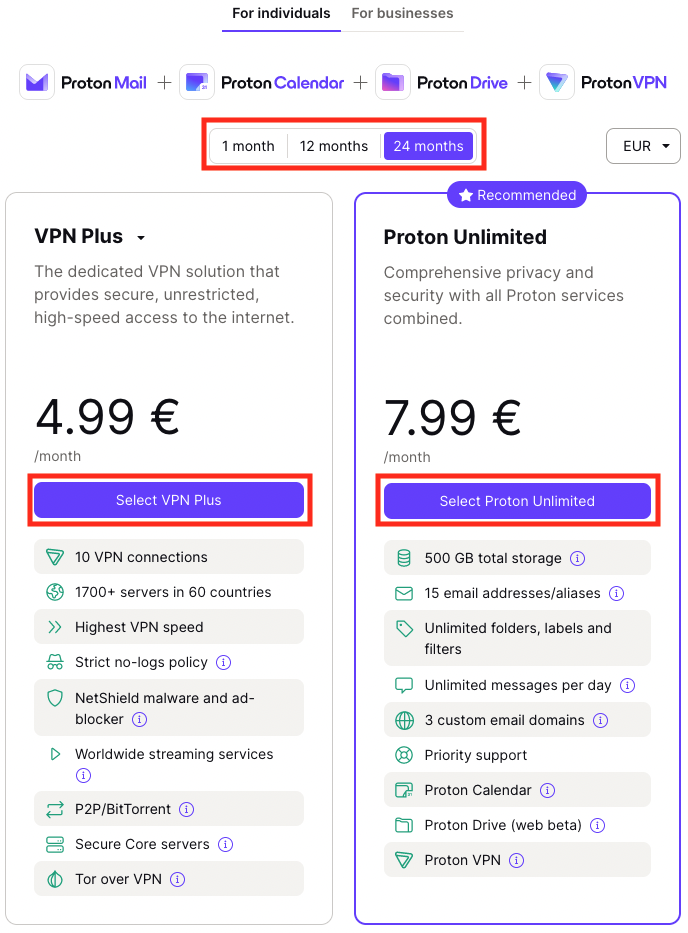 Dashboard showing Proton VPN plan options