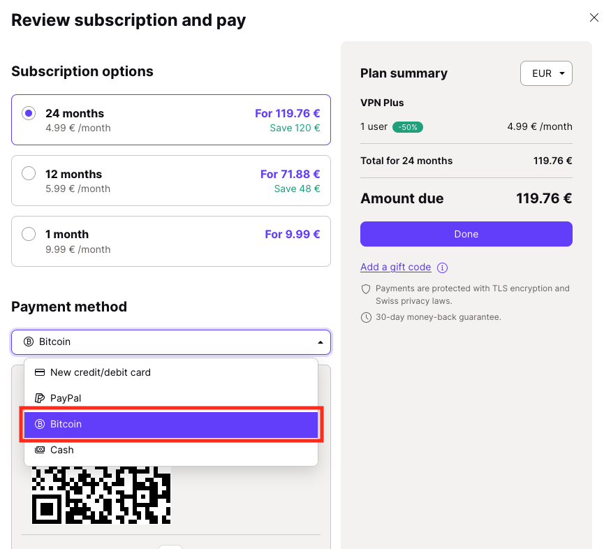 Option to select Bitcoin as your payment method