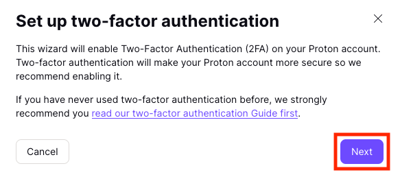 Next button to start setting up two-factor authentication