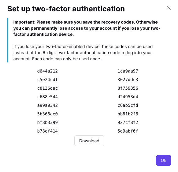 Recovery codes in case you lose your authentication device