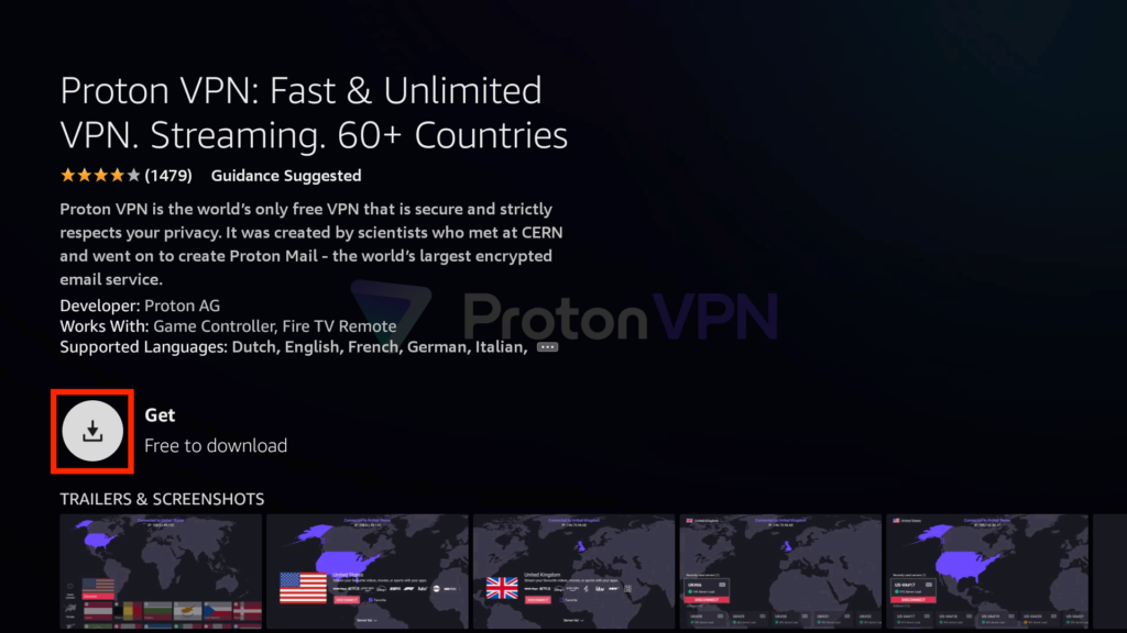 Get Proton VPN button in the Amazon appstore
