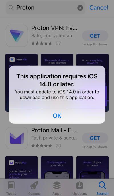The Proton VPN app requites iOS 14.0 or later