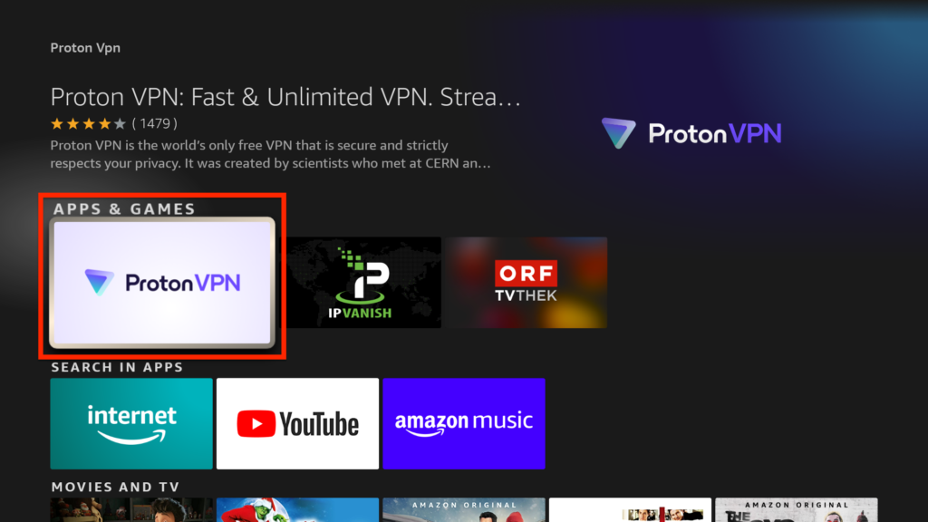 Proton VPN app in the Amazon appstore